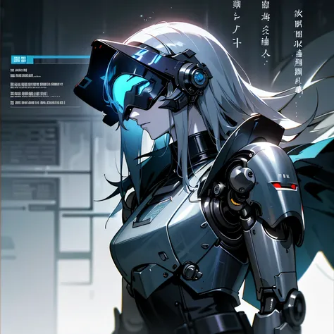 dark cyberpunk, ((character sheet list)), (concept arts), knee length portrait, gloomy mechanized girl, mechanical body, steel cloak, pale skin, (ash skin), (blue visor), long messy hair, noise color hair, open shoulders, mechanical helmet, (cyberpunk sett...