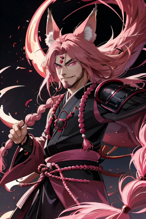 older male,fox ears,fox tails,dark pink hair long braid,black japanese armor,bead bracelet,glare,dark pink eyes,japanese palace,dark,lights,dragon tattoo,evil grin,beard stubble,distant