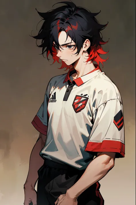 1male, messy hair, inner colored hair, color faded, black hair, red hair, black eyes, expressionless, soccer jersey, soccer field background, detailed background, standing on path