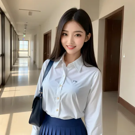 (highest quality、masterpiece、8K、best image quality、hyper realism、Award-winning work)、one high school girl、(The most natural and perfect white polyester collared long sleeve shirt:1.1)、bright and shining shirt、(navy pleated skirt:1.1)、(Standing gracefully f...