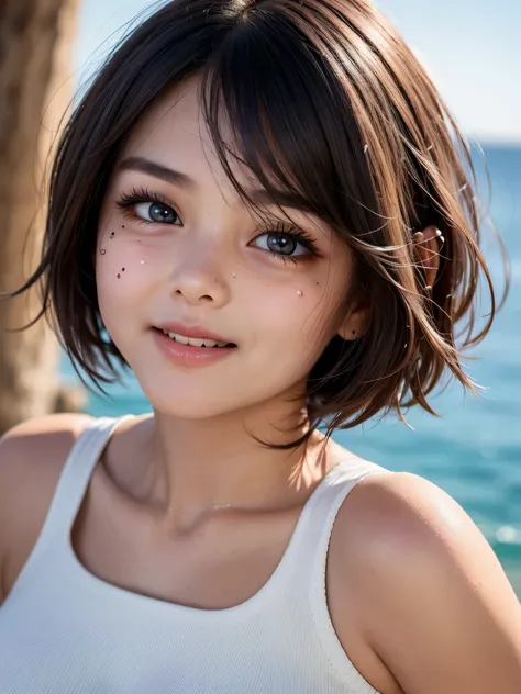 table top, highest quality, Photoreal, finely, High resolution, 8k wallpaper, perfect dynamic composition, big beautiful eyes, (round face:1.8)、one female、(((short bob hair))), big and full breasts, random sexy pose,chest to chest、(Mock Neck Crop Tank Top ...