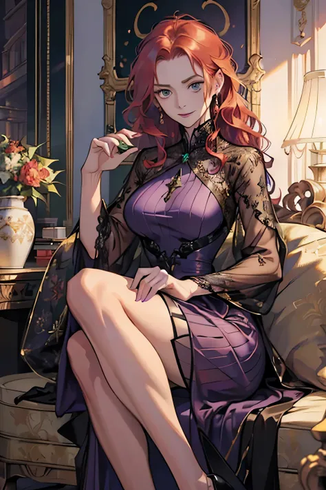 woman, ((((30-летняя woman)))), волнистые Red hair, green eyes, Aristocratic dress, High detail, Indulgent smile, squinted eyes, ((Wrinkles)), (((adult))), narrow eyes, ((((closed dress)))), dark dress, signs of age, (((purple dress))), high neck dresses, ...