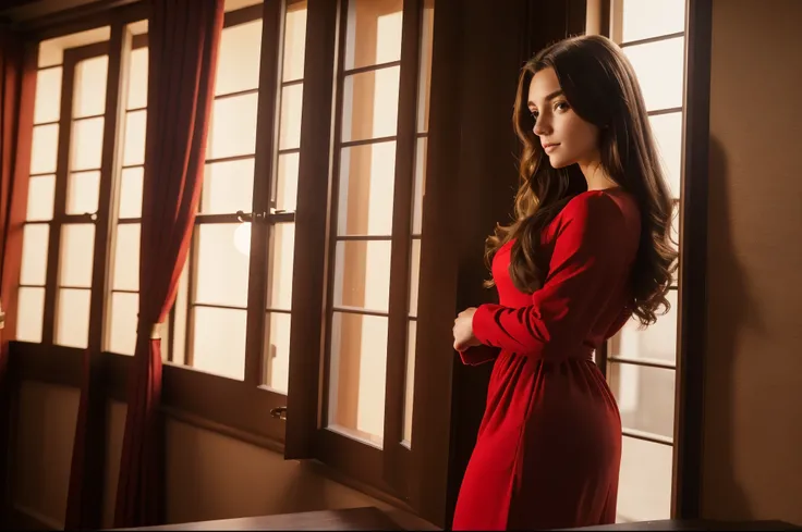 (Best quality:1.5), 8 k, high quality, (realistic), detailed, (European appearance), ((to the waist)), beautiful facial features, young woman (brunette), in a red dress, standing at the window, night, looks at the viewer, cinematic lighting, detailing,
