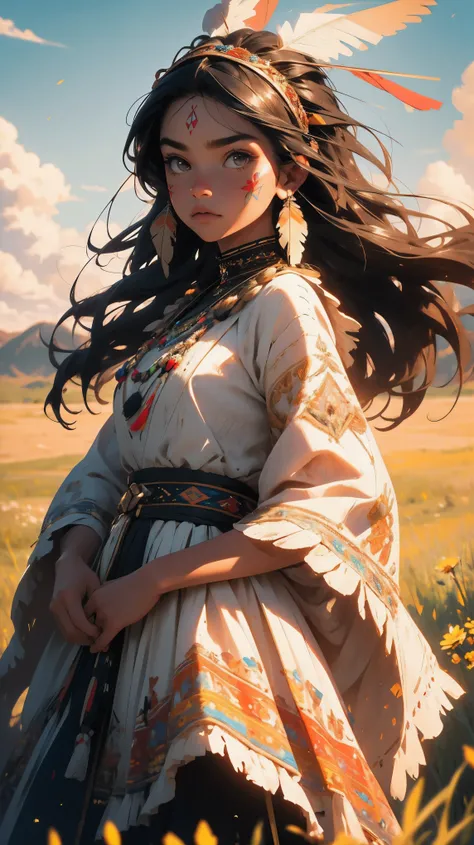 (best quality,4k,8k,highres,masterpiece:1.2),ultra-detailed,(realistic,photorealistic,photo-realistic:1.37),native american girl in traditional dress,decorative headband with feathers,detailed face paint,flowing black hair,traditional fringed dress with in...