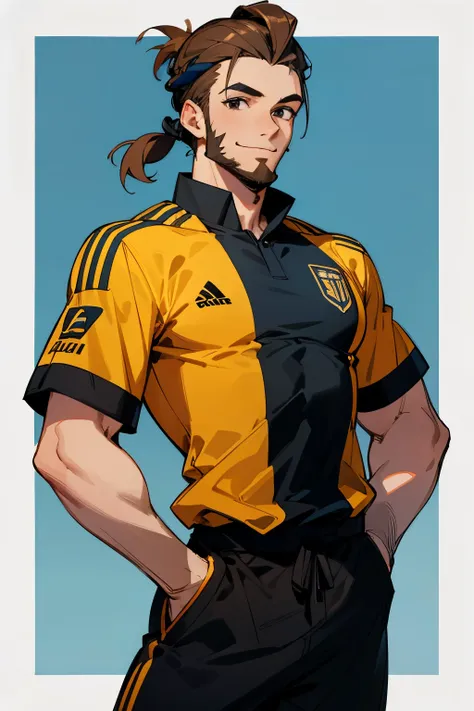 masterpiece, best quality, highres, 1male,young male,straight hair, short hair, medium breasts, light brown hair, black eyes, bluelock soccer jersey,man bun,beard , muscular, smile, hands in pockets