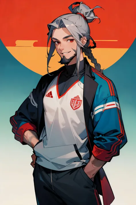 masterpiece, best quality, highres, 1male,young male,dreads, medium breasts, grey hair, red eyes, bluelock soccer jersey,man bun,beard , muscular, smile, hands in pockets
