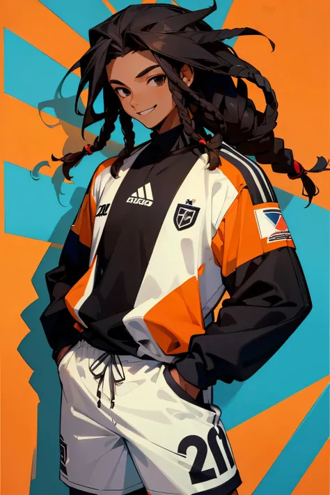 masterpiece, best quality, highres, 1male,young male,dreads, medium breasts, black hair, black eyes, bluelock soccer jersey, muscular, smile, hands in pockets, brown skin