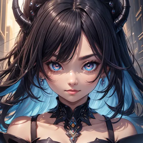 a demon woman,solo,masterpiece,best quality,highres,Extreme detaildelicate face, Extreme detaildelicate eyes,(face alignment),fair complexion,Exquisite hairstyle,light-colored lips,A charming smile.Strong sense of detail and layer,rich and gorgeous color,w...