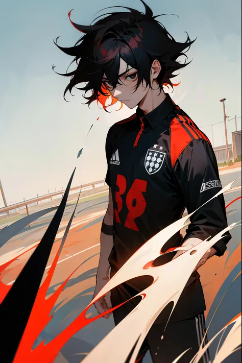 1male, messy hair, inner colored hair, color faded, black hair, red hair, black eyes, expressionless, soccer jersey, soccer field background, detailed background, standing on path