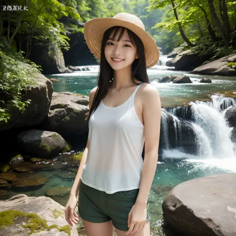 (highest quality、masterpiece、8K、Highest image quality、hyper realism、Award-winning work)、(1 woman:1.3)、(Photographs of people:1.3)、outdoor hat、(Feminine tank top shirts for women:1.1)、(Cute girly tank top shirt:1.1)、(Damage shorts:1.1)、standing elegantly、hu...