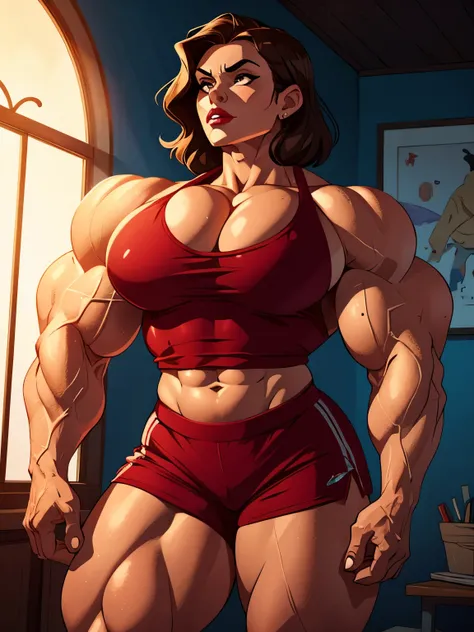 masterpiece, Best quality, 8K, arrogant 40 year old muscle woman with brunette hair, stern expression, big breasts, Bright lipstick, wearing a long neck crop top, in shorts, huge muscles, massive muscles