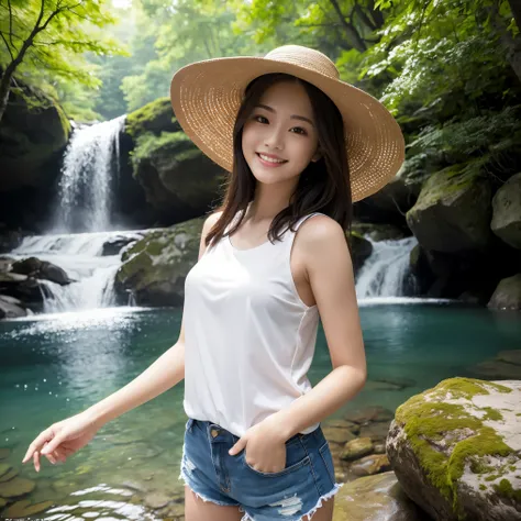 (highest quality、masterpiece、8K、Highest image quality、hyper realism、Award-winning work)、(1 woman:1.4)、(Photographs of people:1.4)、(outdoor hat:1.1)、(Feminine tank top shirts for women:1.1)、(Cute girly tank top shirt:1.1)、(Damage shorts:1.1)、standing elegan...