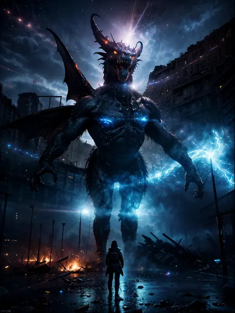 masterpiece, best quality，8 thousand, ultra high resolution，in a deserted city，Powerful energy fluctuations in space with distorted sky，A mysterious crack appears，An evil giant dragon over 100 meters tall. ，has sharp claws、Huge blue scales and red eyes，The...