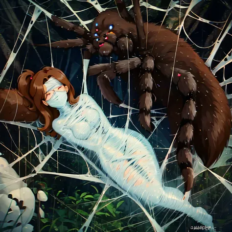 1girl,Spider weaves a net on a girl, very realistic, very detailed,bed,stretched, dark cave, struggle in the net,brown haired, very long sheer skirt,lying down,(blindfold:1.4),spider web,cocoon