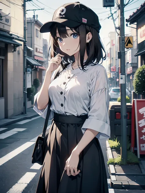 A 28-year-old Japanese woman is walking down the street.、she is wearing casual clothes、She wears a cap with a black brim and a white front.、she is wearing a long black skirt、She is wearing a peplum blouse、Shes looking at us、She is a slender woman with dark...