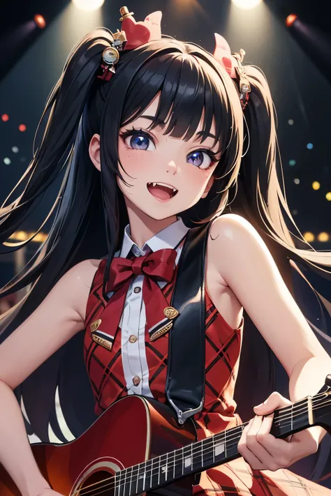 (best quality:1.2), masterpiece,kawaii,One 16-year-old idol,ultra-detailed face,cute detailed eyes,(fang),Double Tooth,sing,smile,play the guitar,Sleeveless red Burberry check idol costume,Cufflinks,black hair,straight hair,blunt bangs,two side up,On stage...