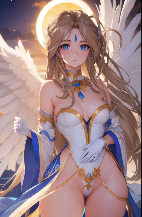 white lace realistic panties , belldandy, long hair, blue eyes, brown hair, traces of face, forehead mark, gloves, wing, choker,...