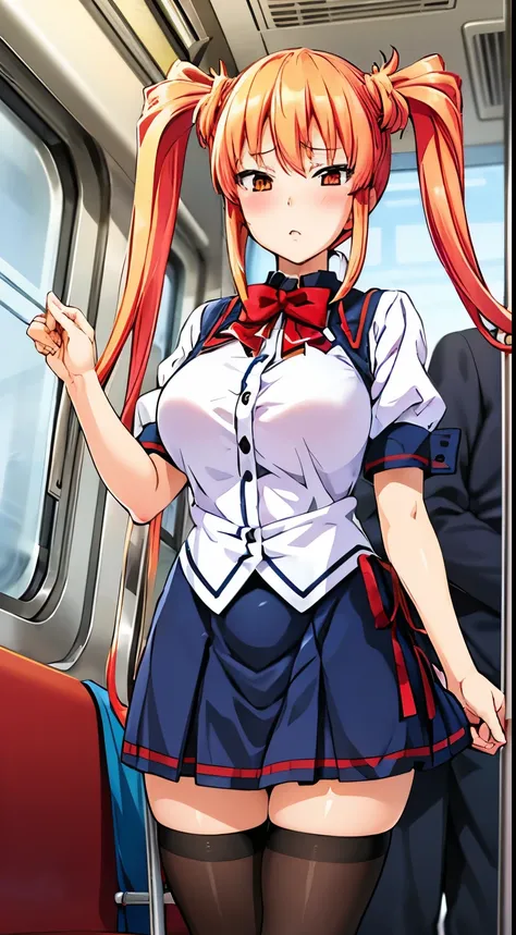 takeda hiromitsu style, saki mizuhara , 1 girl, orange hair,shirt, bowtie, skirt, thighhighs, blush, train interior , twin tails...