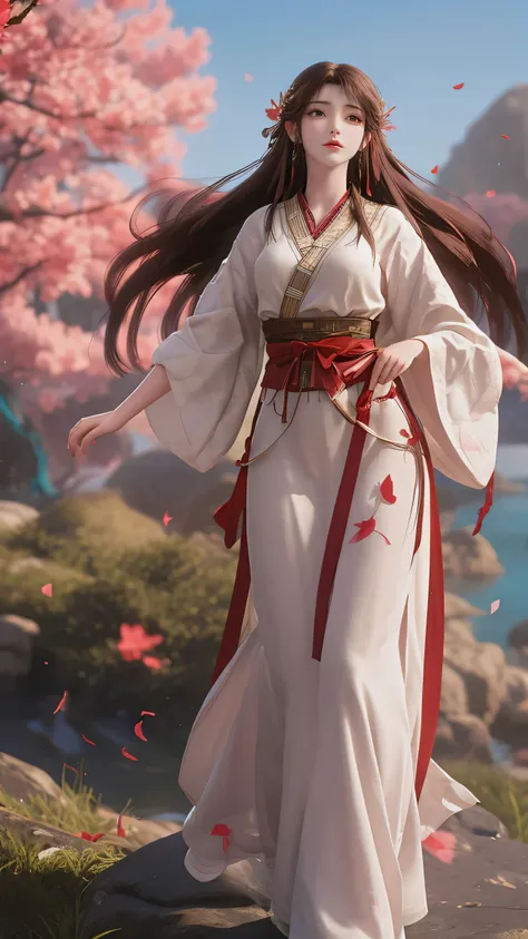 under the bright spring sun，a goddess in ancient costume dressed in gorgeous hanfu，standing quietly in the sea of flowers in the...