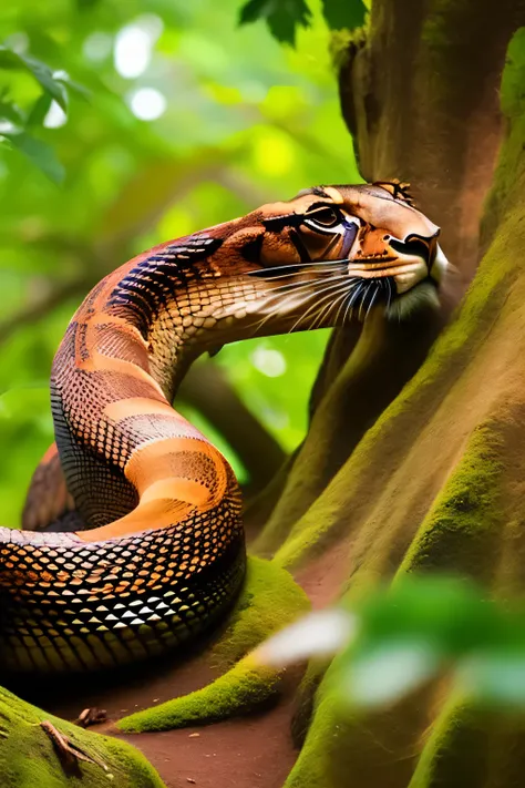 uma cobra gigante, lion head, rastejante em uma trilha na floresta