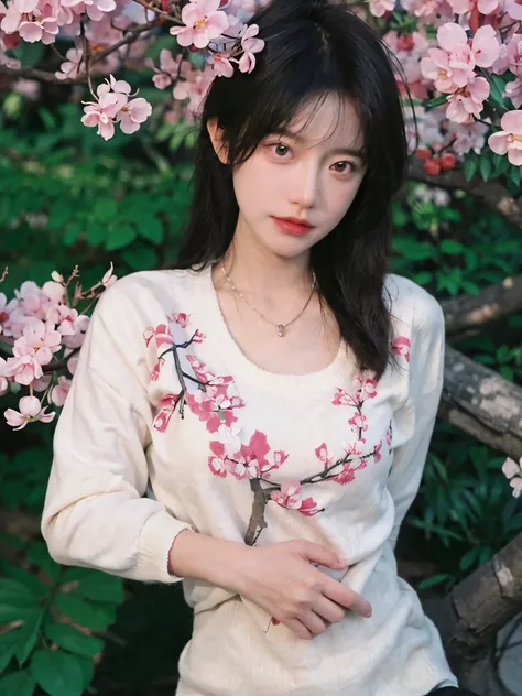 best quality， ultra high resolution， （realistically：1.4），Baoyu Girl，1 girl, long, straight hair，Looking into the distance，Under the cherry blossom tree，red short sweater，a sense of atmosphere，Beautiful woman with slim figure:1.4, abdominal muscles:1.1,,Sup...