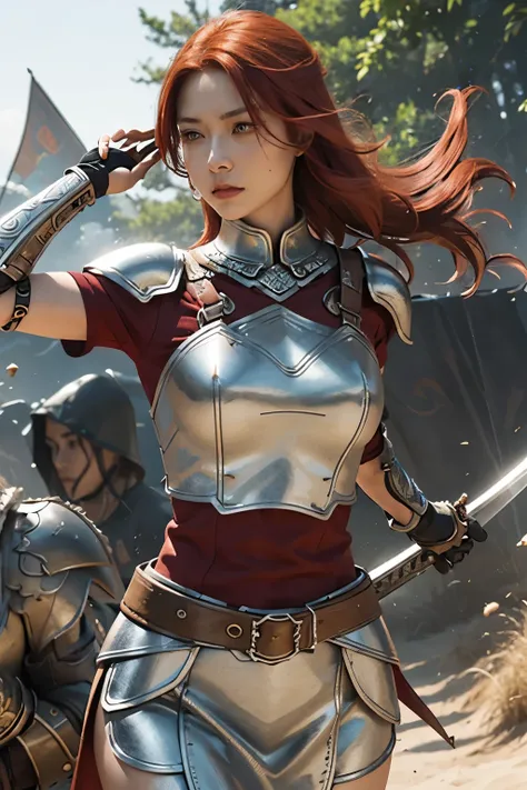 A bold and fearsome warrior woman, her short, fiery red hair swaying in the wind, clutches a mighty steel sword in her hand. Her formidable armor shines under the golden rays of the sun, every detail intricately etched and polished to perfection. The woman...