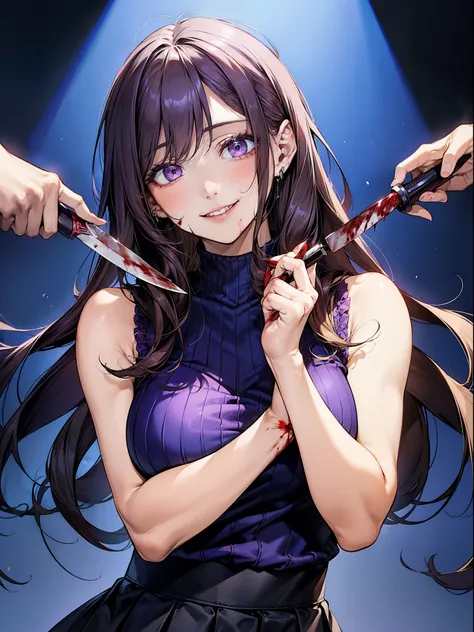 ((((unpleasant smile of a girl who loves knive, psychopath horror, a large amount of blood returned)))), light brown hair, big lips, (blood on face), ((holding knife)), juicy lips, big, (holding knife by the hand), face focus, upper body, purple eyes, glow...