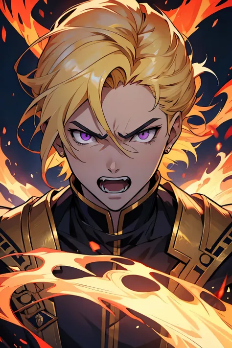 anime style- angry, extremely angry, medieval palace background, angry, shouting, screaming, open mouth, fire in the background, extremely angry, anger, scream, shouting, image of a young prince with purple eyes and blonde hair, blonde hair, blonde hair, a...