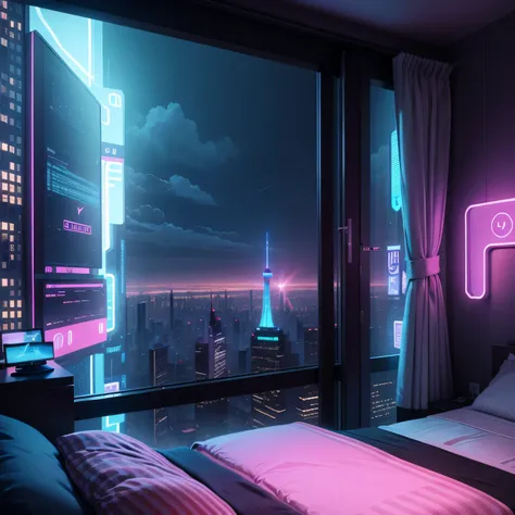 BEDROOM,vue d&#39;une ville futuriste, lit,Neon,pixels