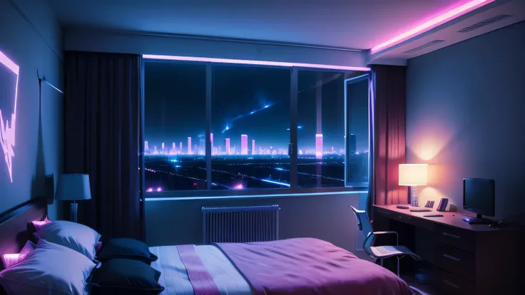 BEDROOM,vue d&#39;une ville futuriste, lit,Neon,pixels