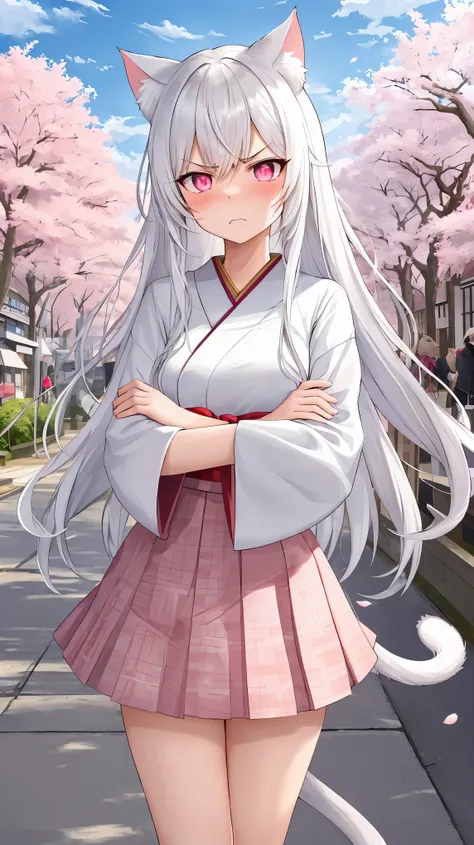 (masterpiece), best quality, expressive eyes, perfect face, details, solo, cat girl, white cat tail, white cat ears, long hair, white hair, pink eyes, cute clothes, cute skirt, cherry blossom trees, japan, city, cloudy, blush, angry, crossed arms, growling...