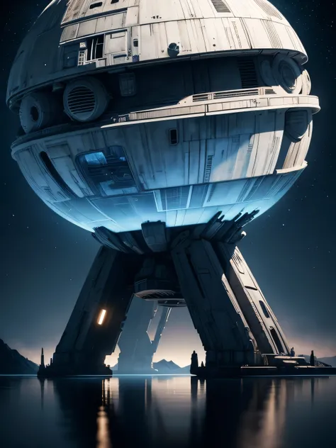 alien structure, based on the death star, star wars, ultra-detailed structure, 10 meters above a huge lake, moonlit night scene, blue cinematographic lighting, science fiction.  ultra-detailed complex scene, masterpiece, maximum quality, 8k, ray tracing, r...