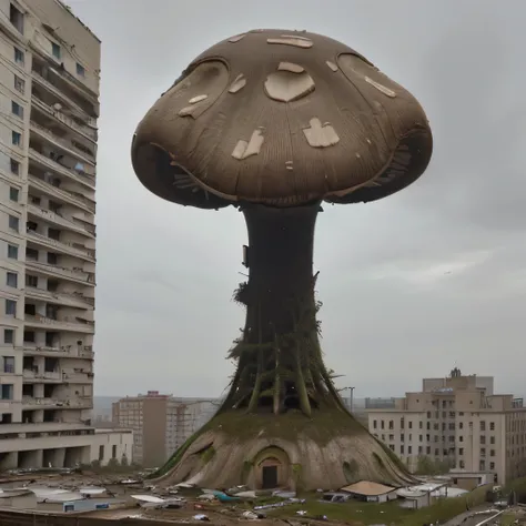 A giant mushroom grows on top of a long-abandoned building, a meticulous mushroom shape, shdow