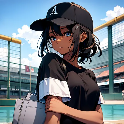 1 girl, alone, black skin, 浅black skinの女性, Upper body, baseball cap, T-shirt, tomboy