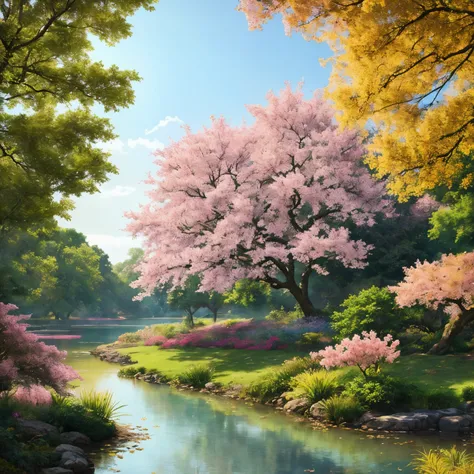 A towering, lush tree adorned with vibrant pink and yellow blossoms graces the tranquil landscape. The gentle wind causes the leaves to tremble, producing rippling effects on the serene lake nearby. Sunbeams pierce through the verdant canopy, infusing the ...