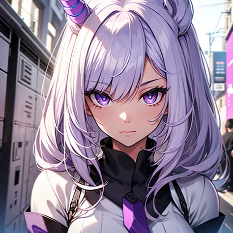 Unicorn anthropomorphic female high detail white hair purple eyes