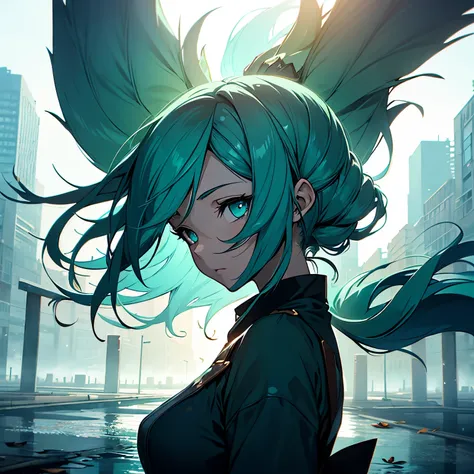 (high detail:1.2)anime girl,(cinematic lighting,delicate color),(Fallen leaves:1.2), calm lighting, Wind, fog. turquoise, delta shade. discord banner  