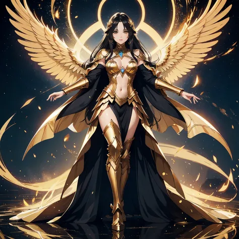 best quality, extremely beautiful, beautiful face, angel woman, huge golden wing, revealing armor with open front skirt, very long dark hair