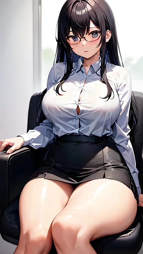 A black-haired Tsundere high school girl sits rigidly on a chairmans plush office chair, her mini uniform skirt barely concealing her generously proportional legs. Her big breasts are accentuated by the tight fitting blouse, and her big ass is swaying slig...