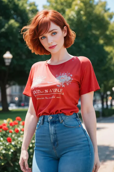 Masterpiece, (Bryce Dallas Howard: 0.5), shy, cute, playful smile, high detail face, high detail skin, tight red t-shirt and jeans, (high detail eyes:1.3), short hair, red hair, (small breasts:1.2), (strong athletic body), city park background, (UHD, 8K wa...