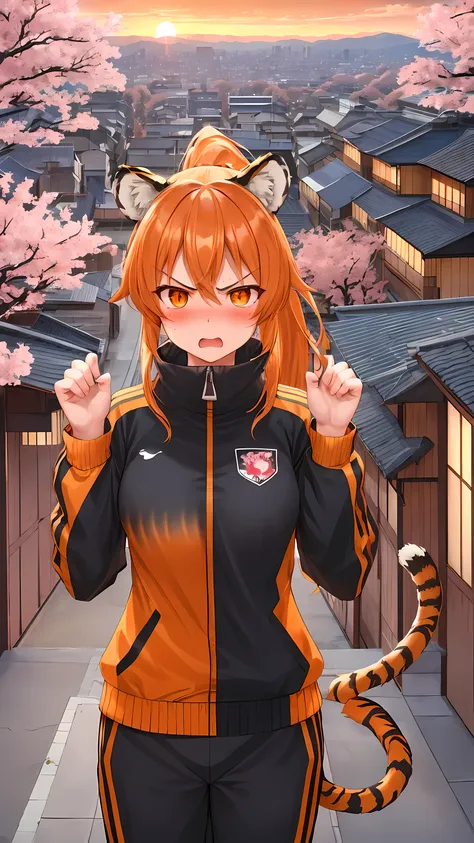 (masterpiece), best quality, expressive eyes, perfect face, details, solo, tiger girl, tiger tail, tiger ears, long hair, bushy hair, ponytail, orange hair, orange eyes, hands up, neko pose, tsundere, blush, angry, orange tracksuit, japan, cherry trees blo...