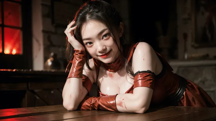 worldofundead, rotten flesh, rotting, gore, blood, 1girl, armoured dress, sitting, smiling at viewer, red glowing eyes,