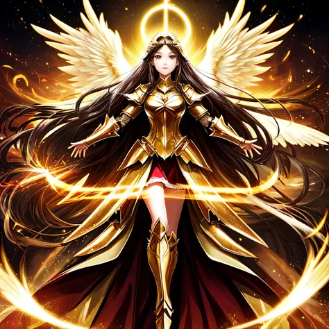 best quality, extremely beautiful, beautiful face, angel woman, two huge golden wing, revealing armor with open front skirt, ver...