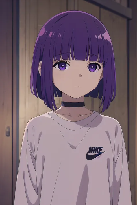 (((pixel-perfect, detail-perfect))), solo, 1girl, fern, HDR, 4K, streetwear, nike, upper body, purple hair cut, bob hair, short hair, short bob hair, bob cut, haircut, undercut, bobbed hair, minibob, hairclips, purple eyes