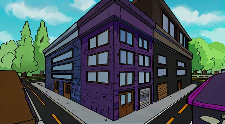 caricatura de un edificio con un techo morado, paisaje urbano estilo anime, random fondo scene, city street view fondo, fondo, extreme perspectiva de tres puntos, fondo artwork, perspectiva de tres puntos, perspectiva de 3 puntos, perspectiva de 2 puntos, ...