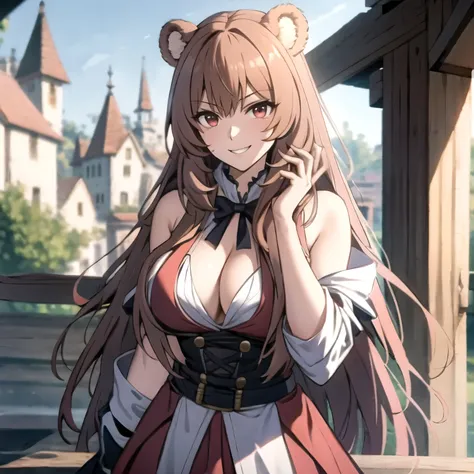 Raphtalia. beautiful woman 24 years old bear ears, cabello rubio  . red eyes like rubies. detallados alta calidad. piel clara , brillante. sonrisa mostrando los dientes, rubor , smug look. sonrisa burlona. malvada.  fondo un castillo en invierno. malvada.