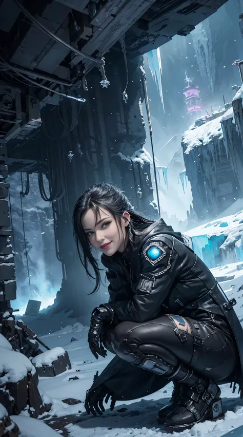 Cyberpunk, mechanical, broken, there is a picture of a very large iceberg, cyberpunk, mechanical, broken, with a lot of snow, dungeon background, icicle background, arena background, game background, dark dark cave background,a female warrior squatting dow...