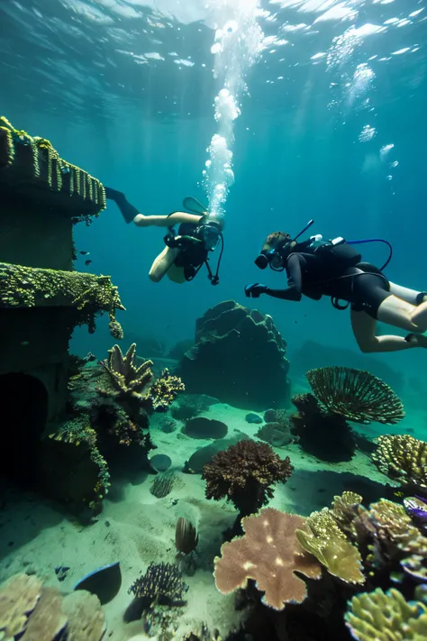 Four divers exploring underwater ruins