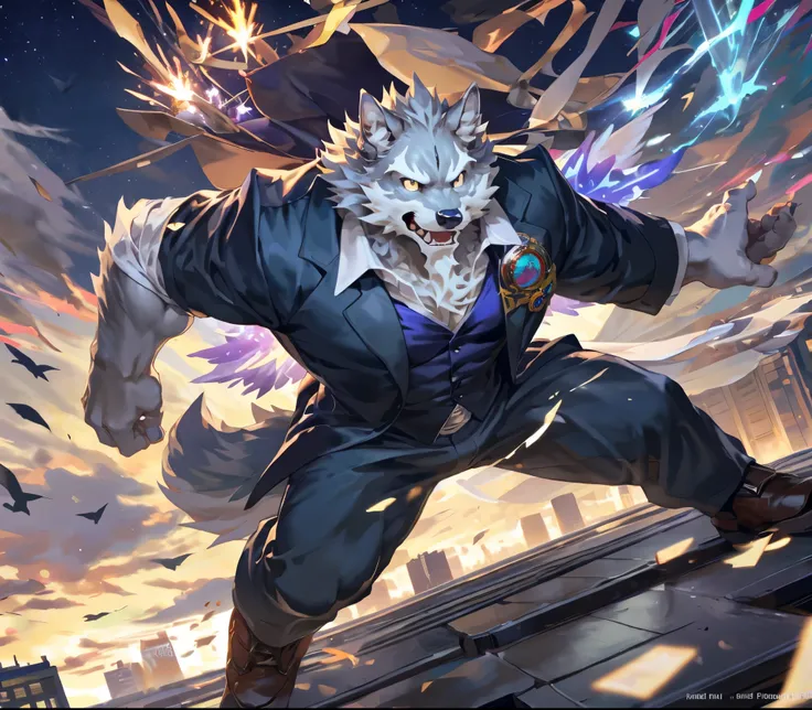 masterpiece,high quality,anime,detailed eyes,furry male grey wolf, law, great physique,strong arms manly, in the rooftop, fallin...