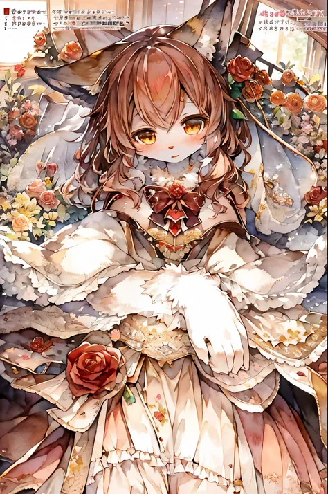 cover page, marriage information magazine, Watercolor elements, 1girl, kemono, furry, detailed body fur, animal face, animal hand, cute girl holding a red rose and looking at viewer,